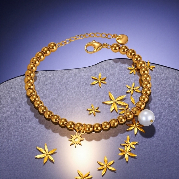 ๐๏ธ18K Gold Plated Stainless Steel Beaded Bracelet with Sun & Pearl Charms โจ - Picture 15 of 15